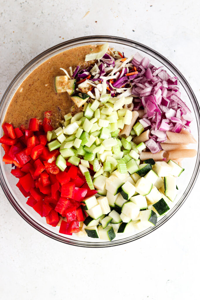 gluten free pasta salad ingredients in a bowl