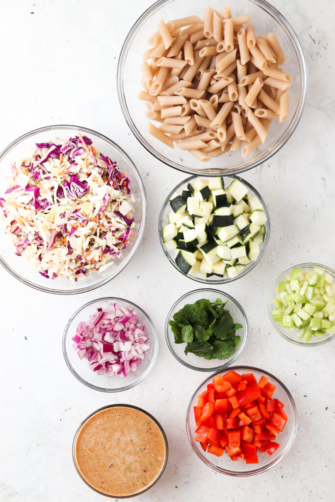 pasta salad ingredients in a bowl