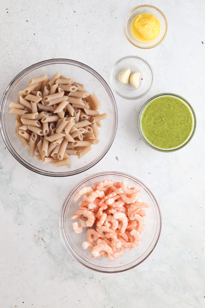 shrimp pesto pasta ingredients laid out