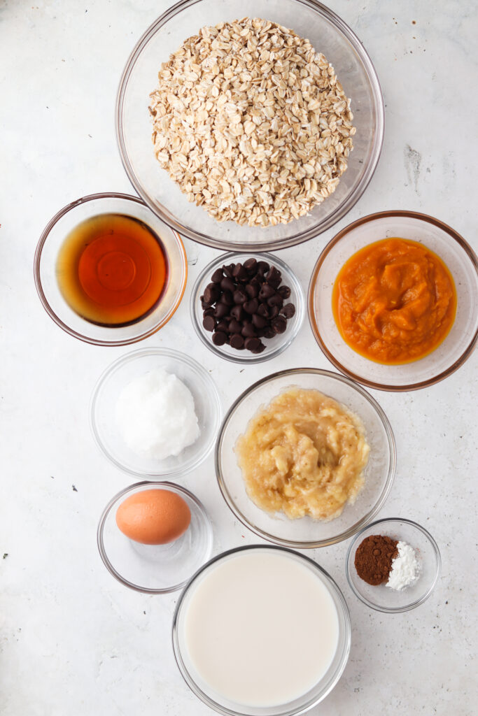 pumpkin baked oatmeal ingredients laid out