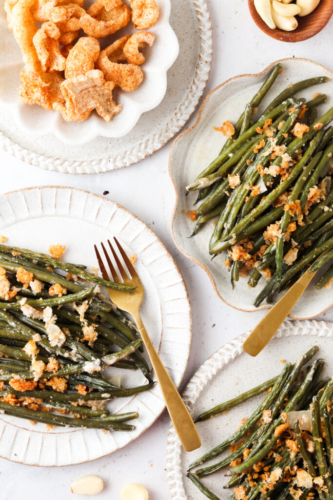 dairy free green bean casserole on plates