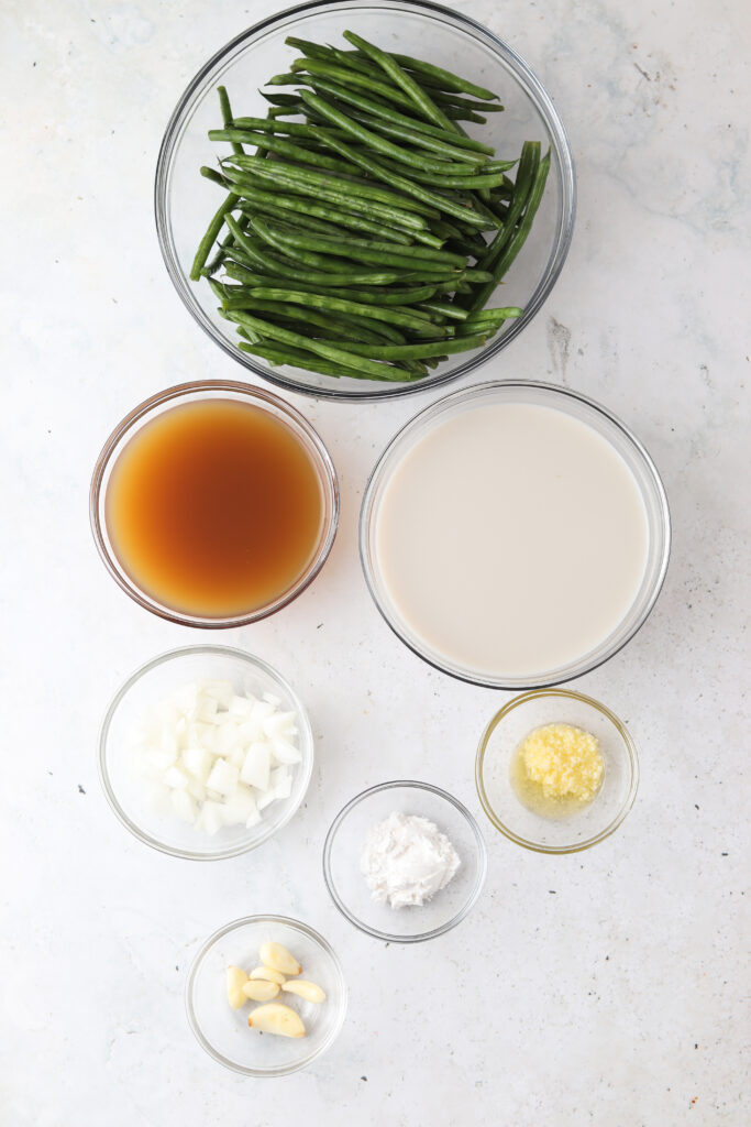 dairy free green bean casserole ingredients in bowls 