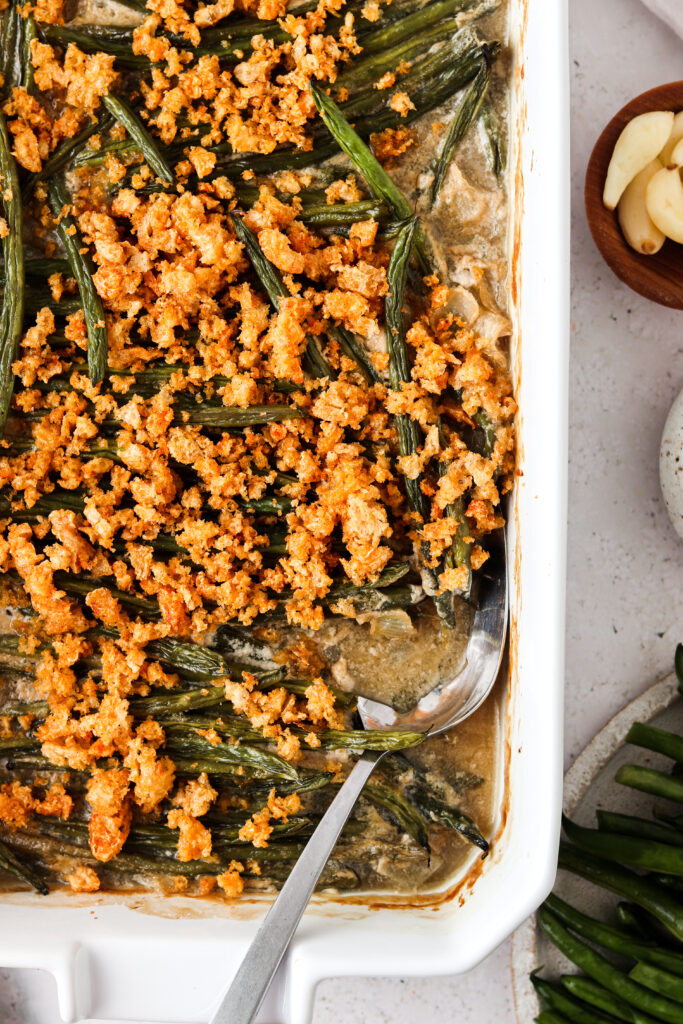 paleo green bean casserole in a baking dish