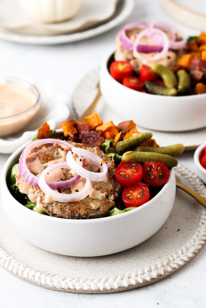 close up of paleo burger bowls