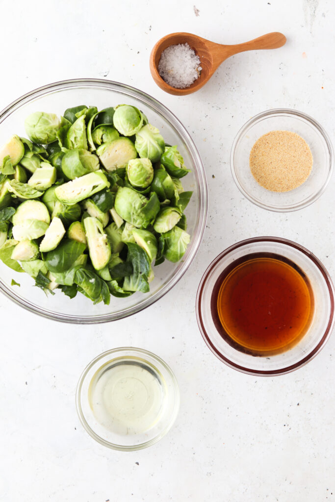 ingredients for maple brussel sprouts in bowls