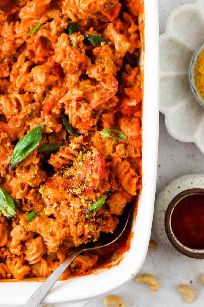 pizza casserole in a baking dish