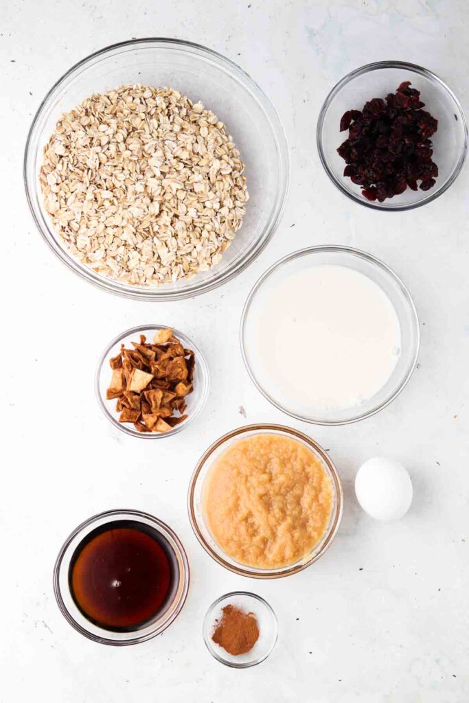 oat bar ingredients laid out in bowls on the counter