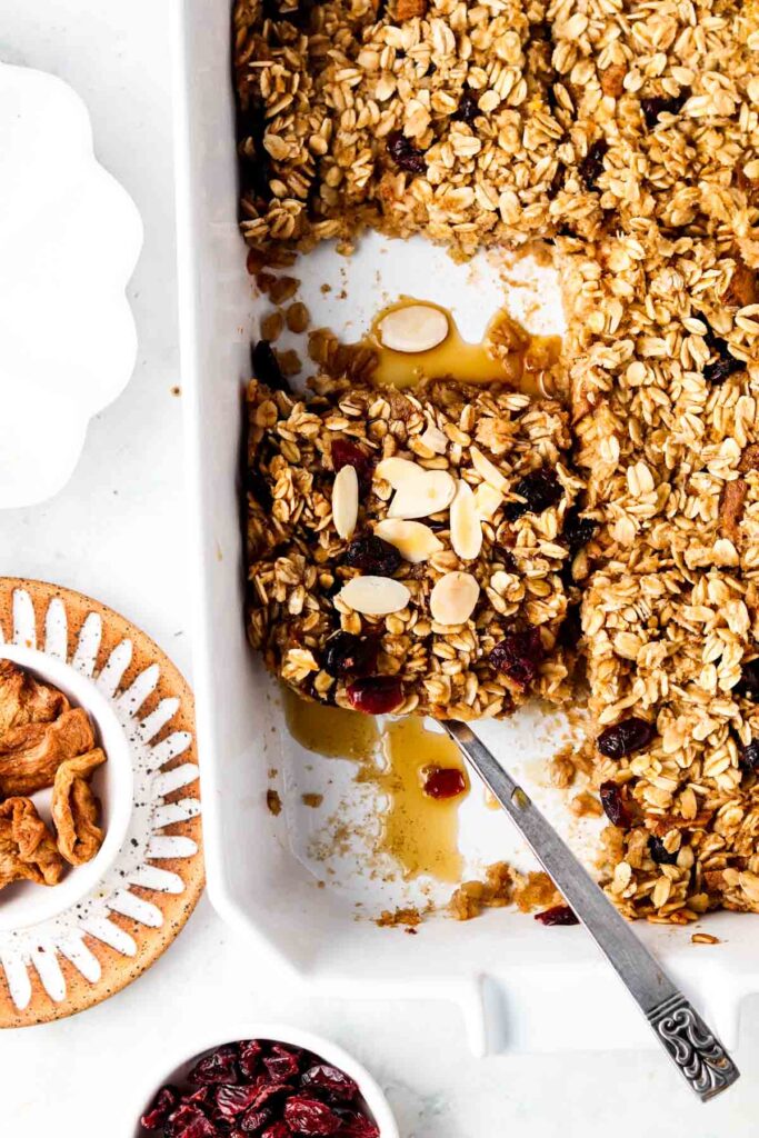 cranberry oat bars in a baking dish