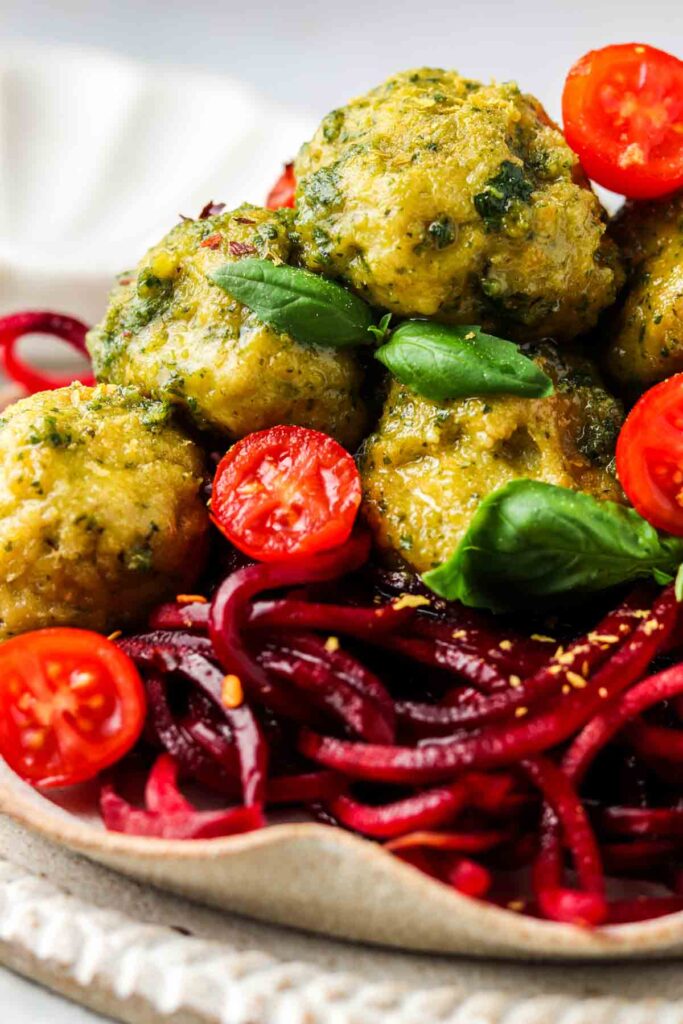 close up of pesto meatballs