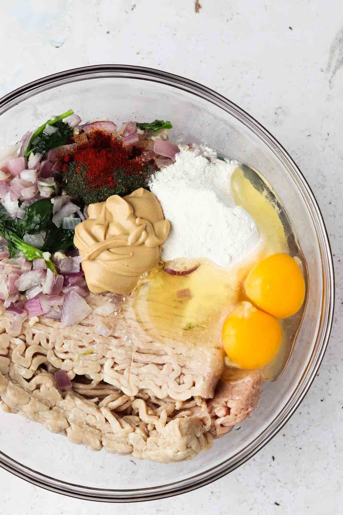Turkey ranch meatloaf ingredients in a large bowl. 