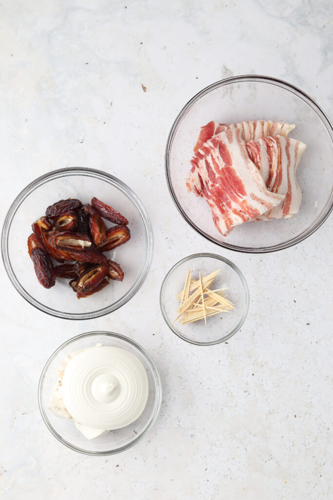 bacon, dates and dairy free cream cheese laid out