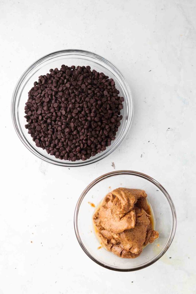 almond butter and chocolate chips in two separate bowls