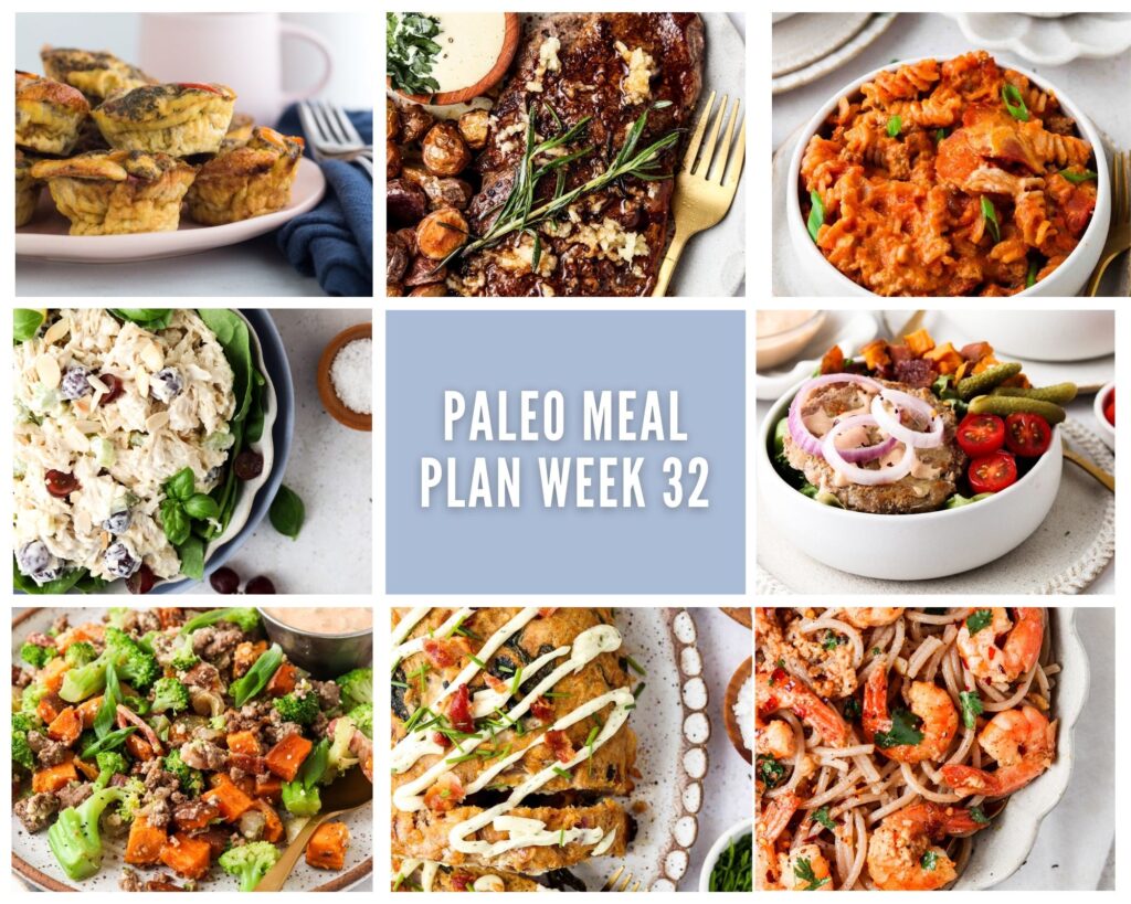 photo collage of weekly meal plan with pale purple accents