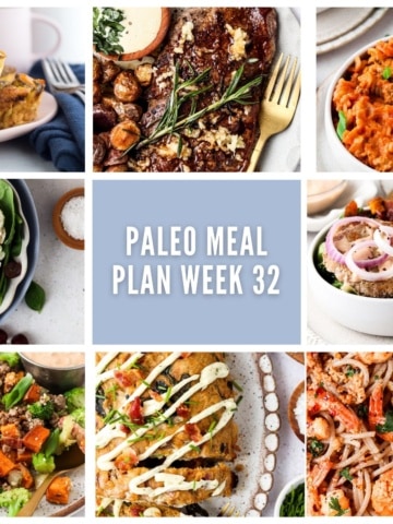 photo collage of weekly meal plan with pale purple accents