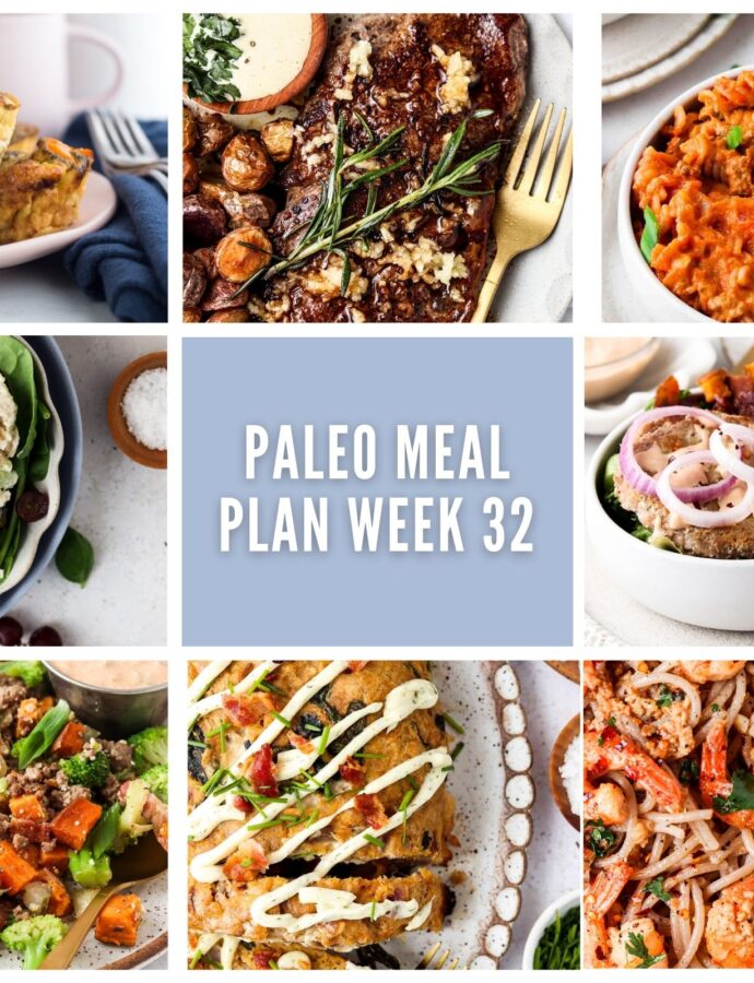 photo collage of weekly meal plan with pale purple accents