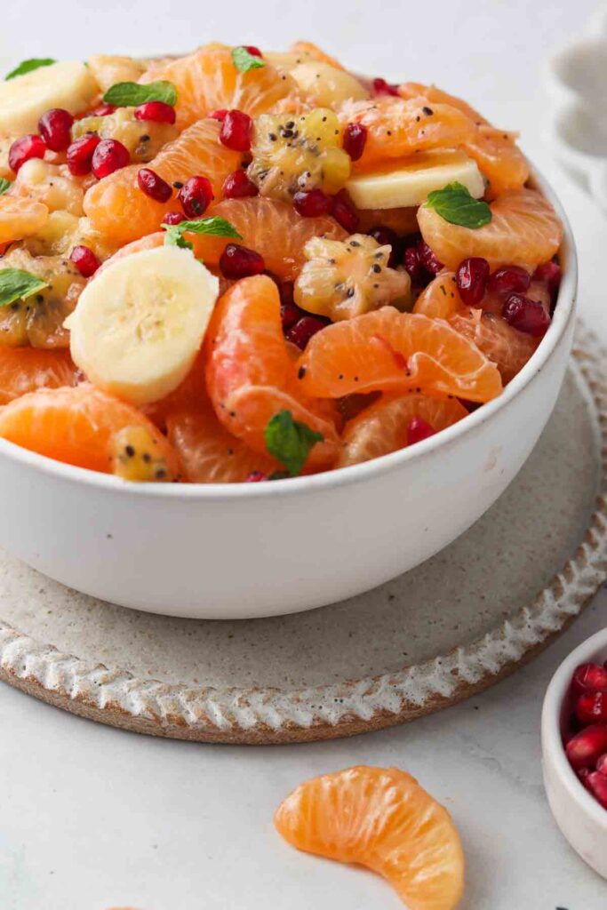 side shot of fruit salad in a bowl