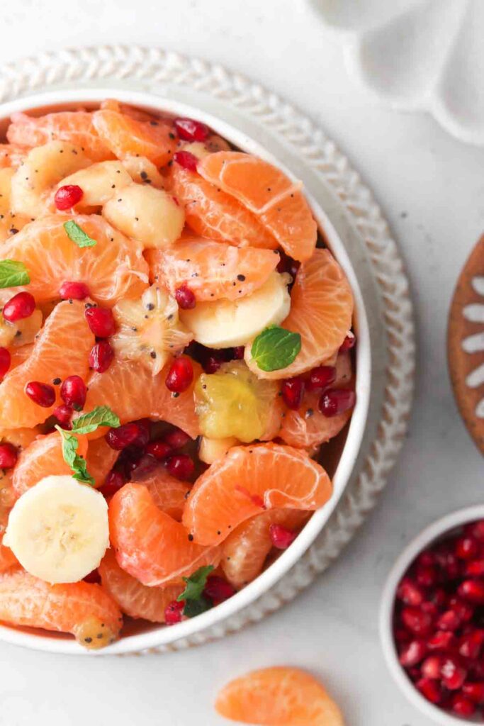 overheat shot of a fruit salad in a a bowl