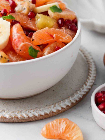 side shot of fruit salad in a bowl