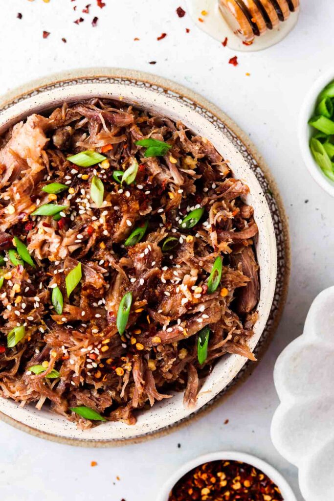 overhead shot of pulled pork in a bowl