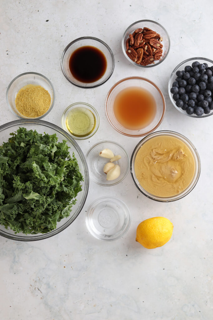 kale blueberry salad ingredients laid out in bowls