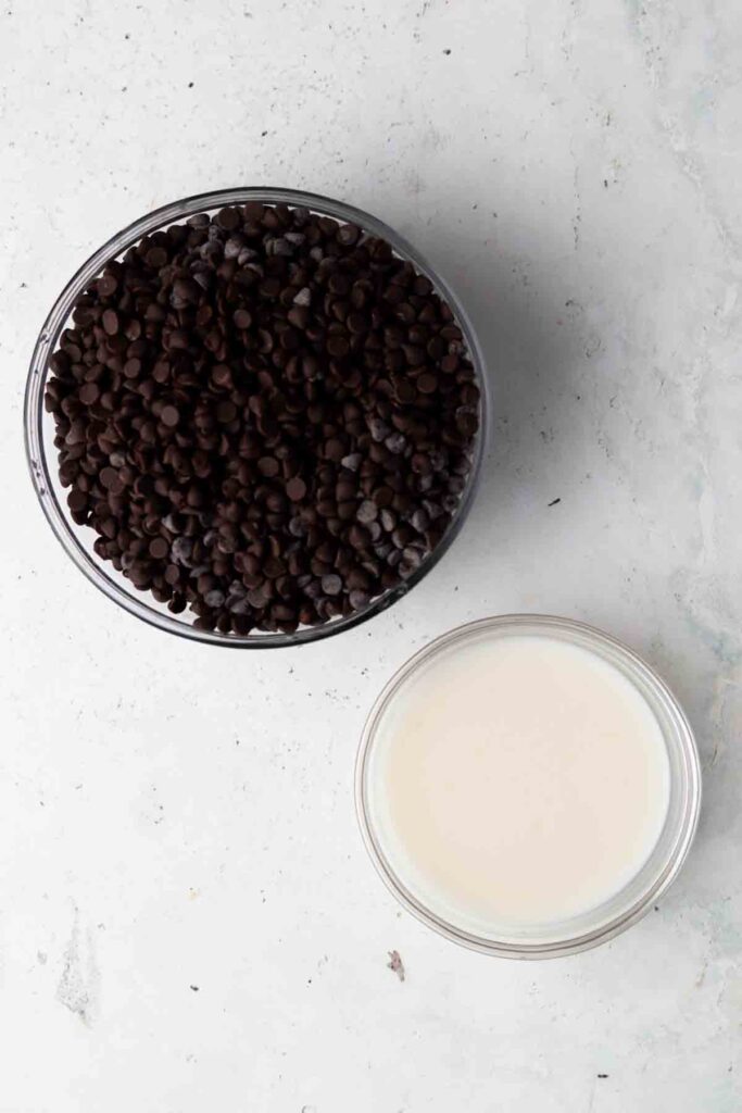 chocolate chips and coconut milk laid out in a bowl