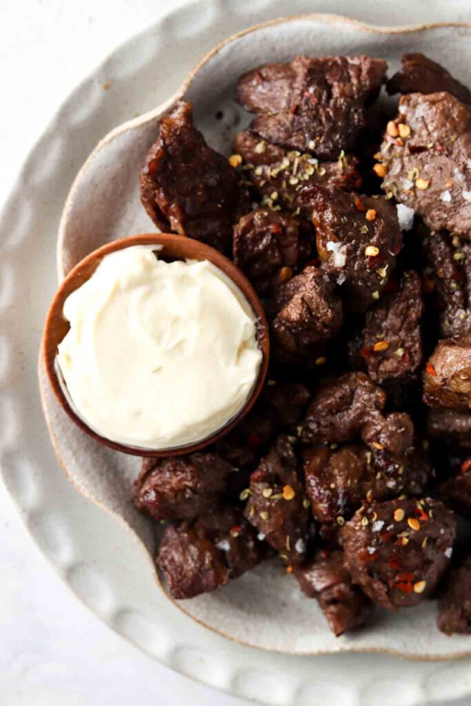 steak bites made in the air fryer on a plate