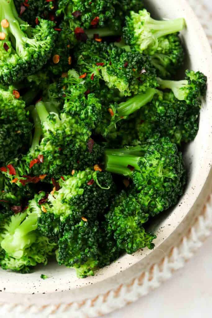 overhead shot of broccoli in a bowl