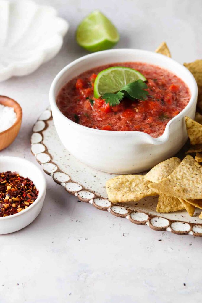 paleo salsa on a platter with keto chips and fresh cilantro 