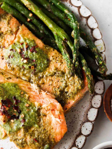 salmon with pesto on top