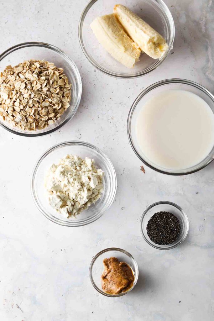 overnight oat ingredients laid out in bowls