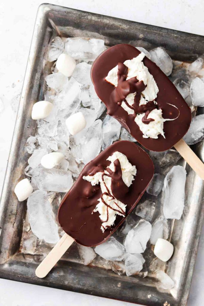 two fudgesicles on a plate with ice