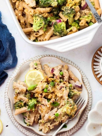 tuna casserole on a plate with a fork