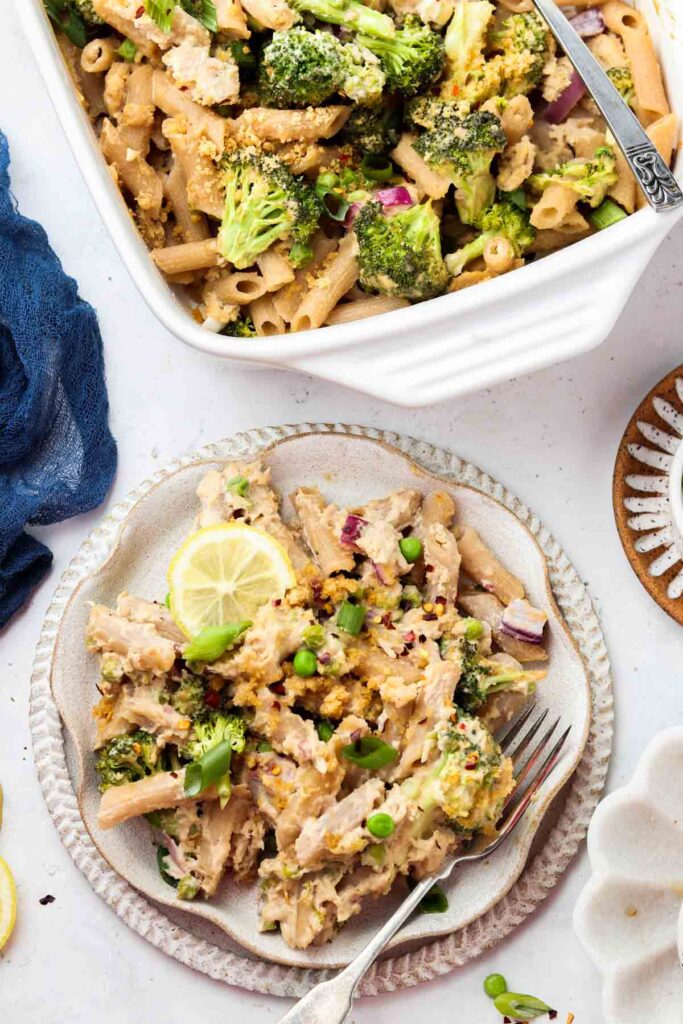 tuna casserole on a plate with a fork