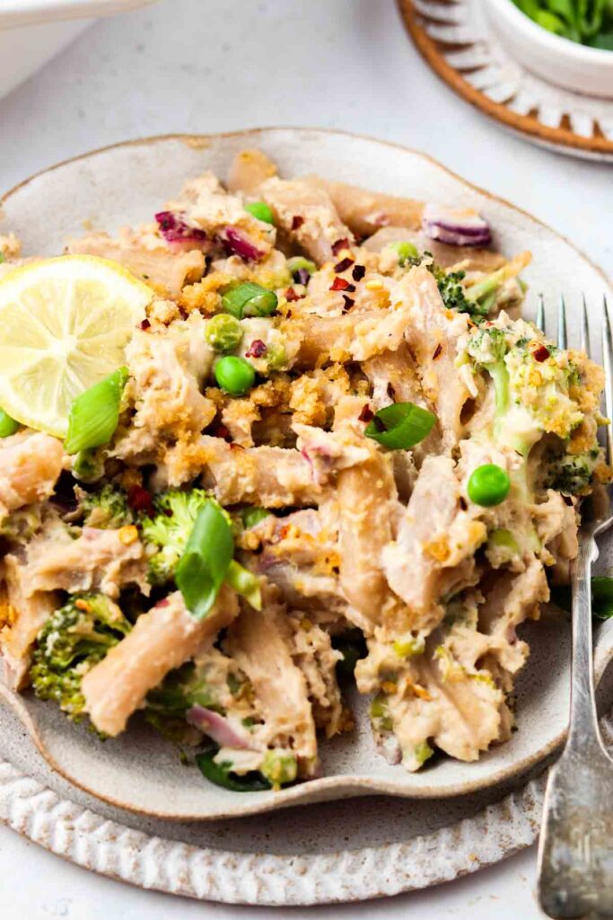 dairy free tuna noodle casserole close up on a plate