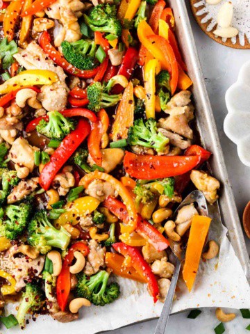 cashew chicken on a sheet pan