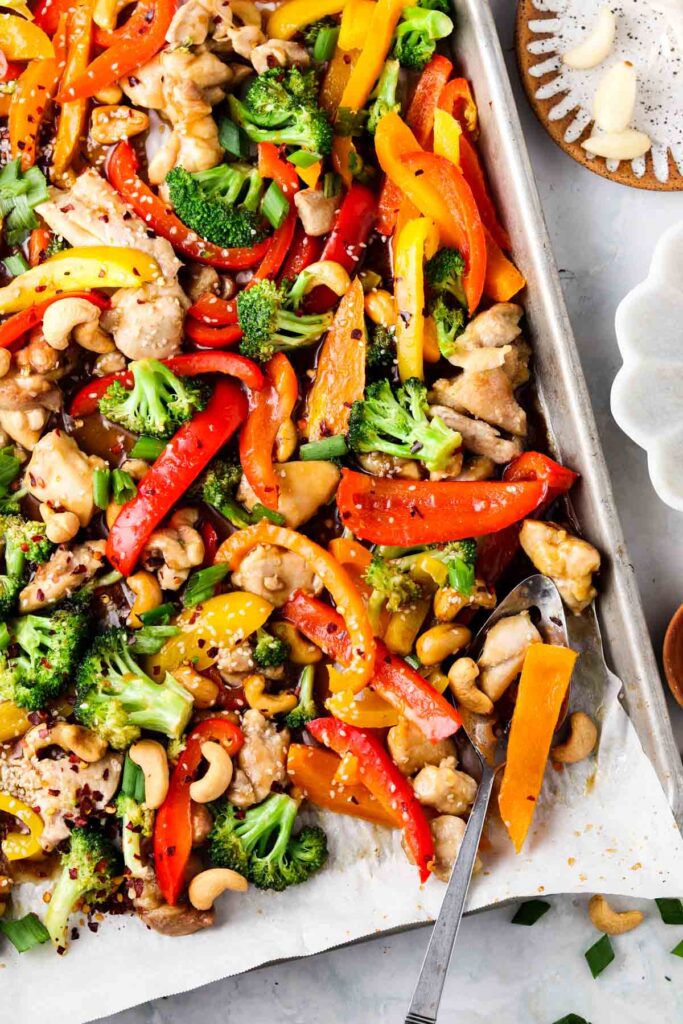 cashew chicken on a sheet pan