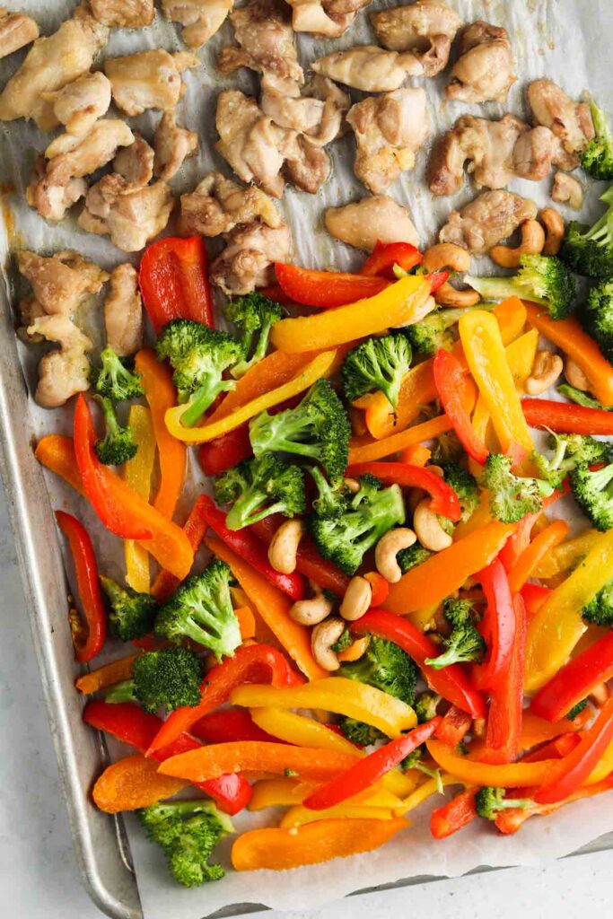 chicken, broccoli, and peppers on a sauce pan