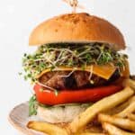 air fried turkey burger on a plate with french fries