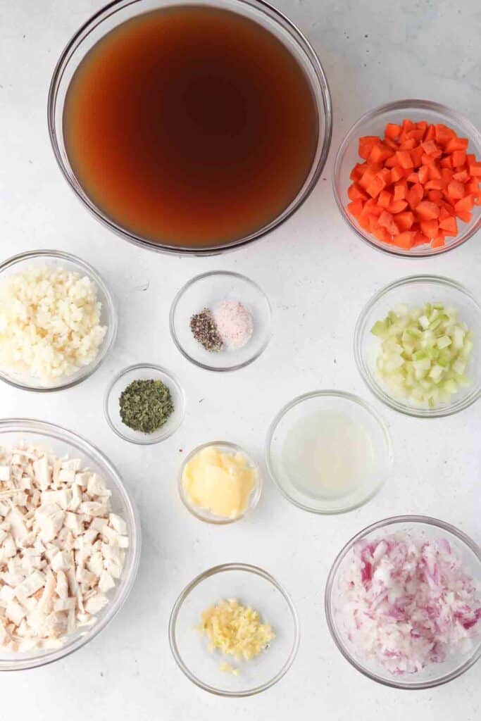 turkey vegetable soup ingredients laid out in bowls