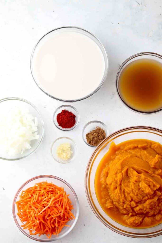 pumpkin soup ingredients laid out in small bowls