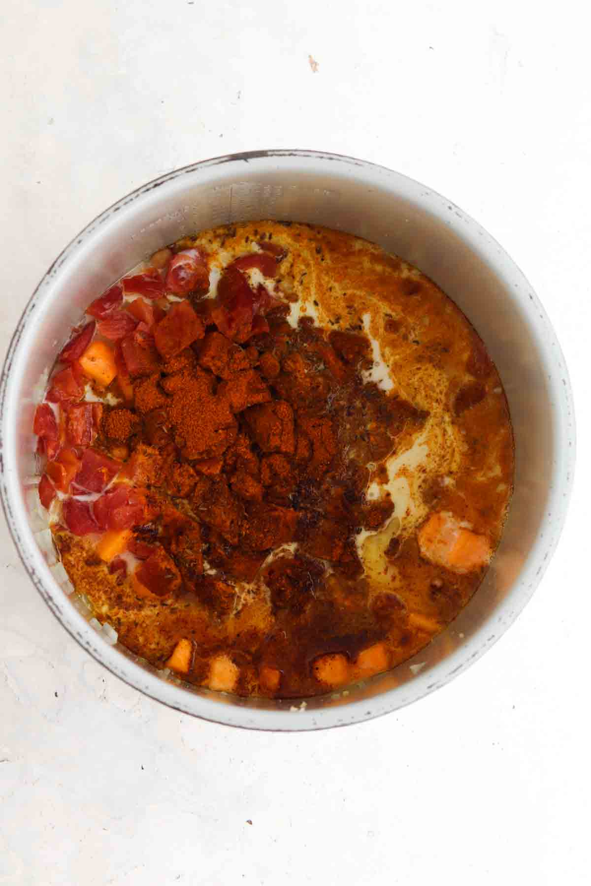 Chickpea curry ingredients in the instant pot. 