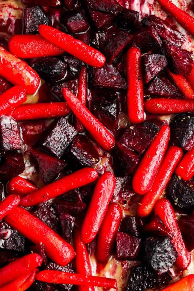 roasted beets and carrots on a pan