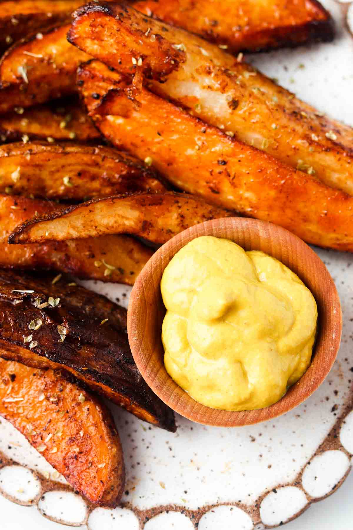 Mustard with air fryer potato wedges.