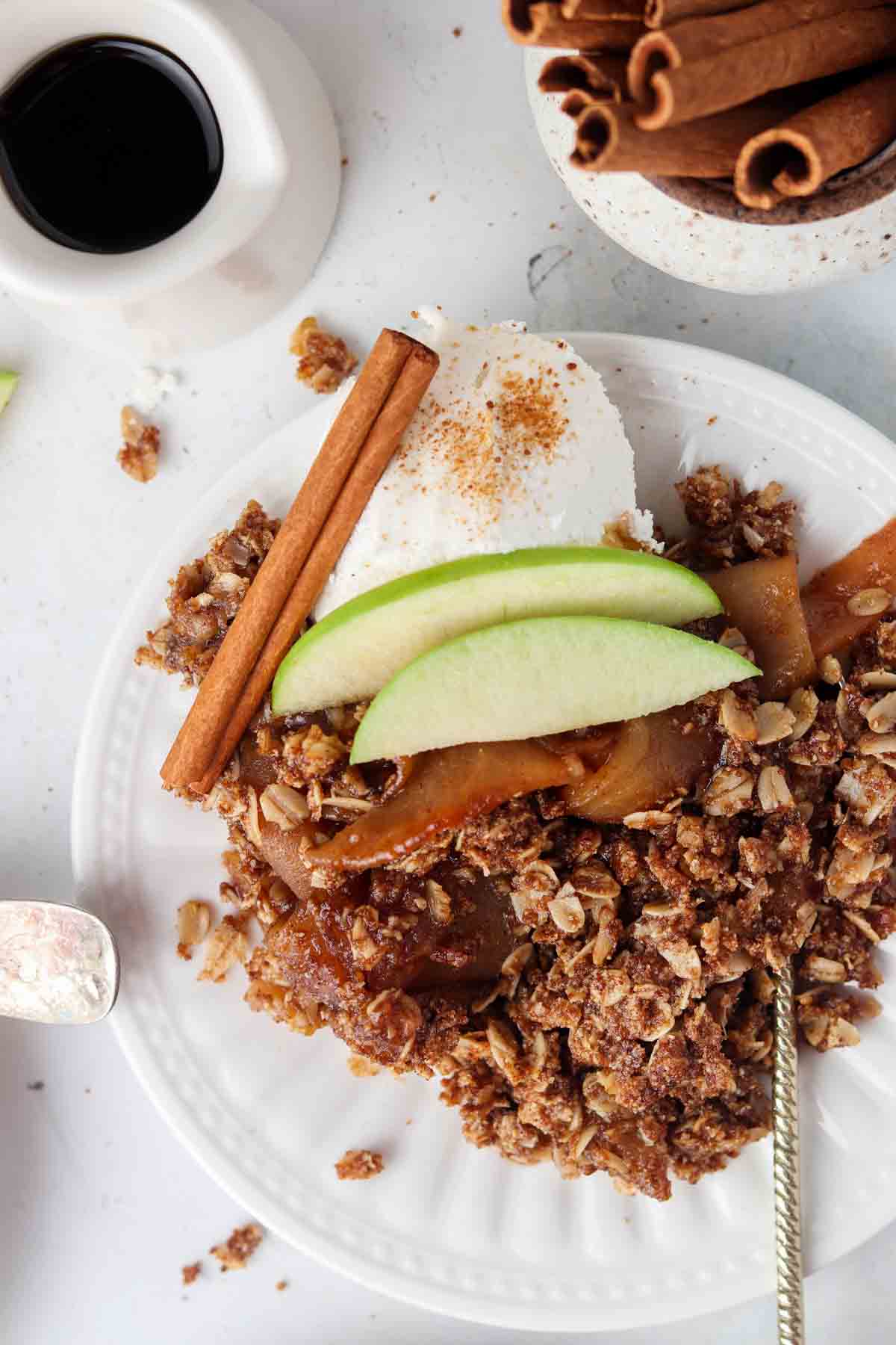 overhead shot of apple crisp and cinnamon 