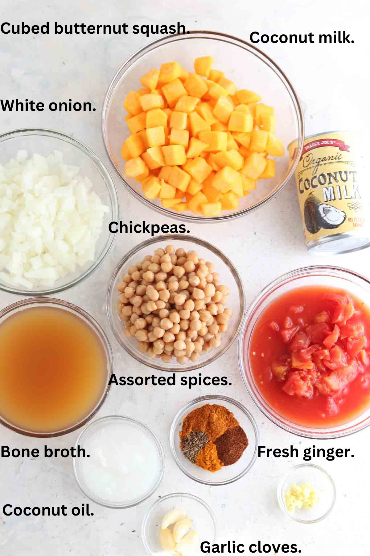 Chickpea curry ingredients laid out. on the counter.