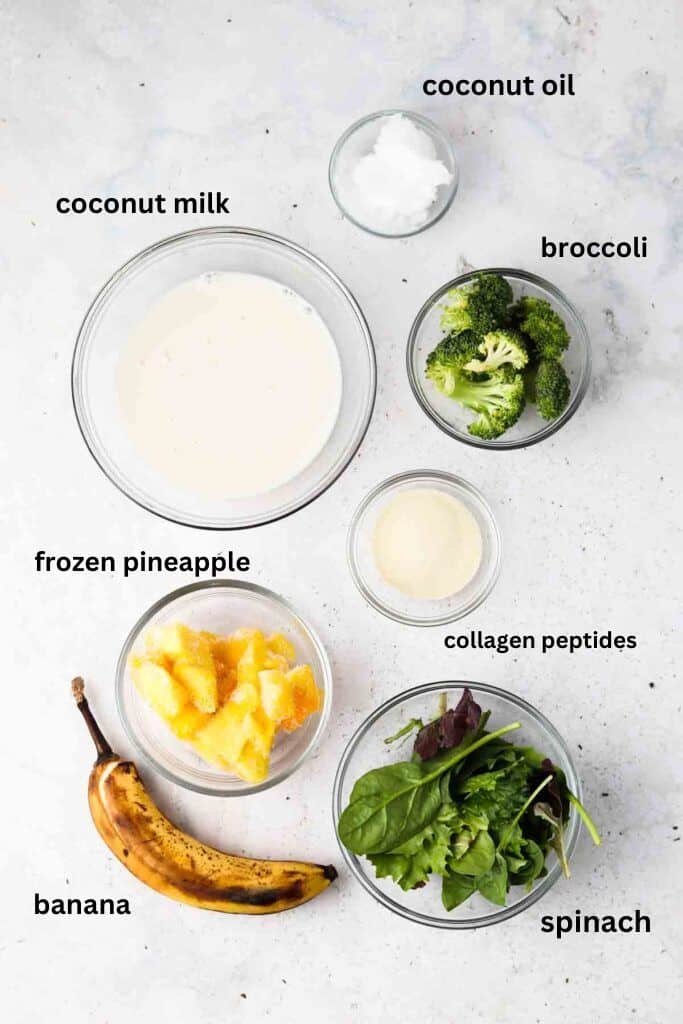Dairy free broccoli smoothie ingredients in small glass bowls.