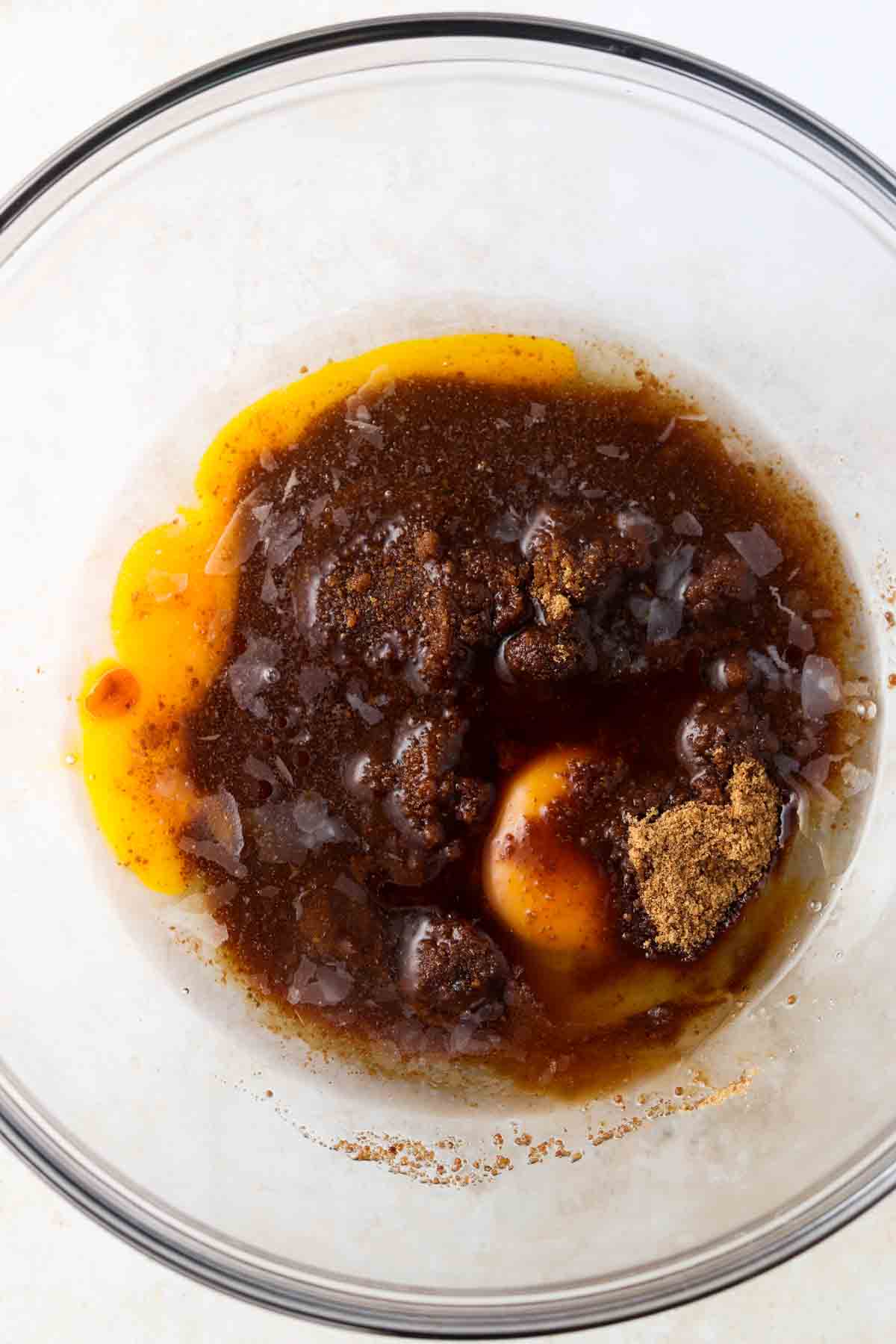 Eggs, almond flour, tapioca flour and coconut sugar in a bowl.