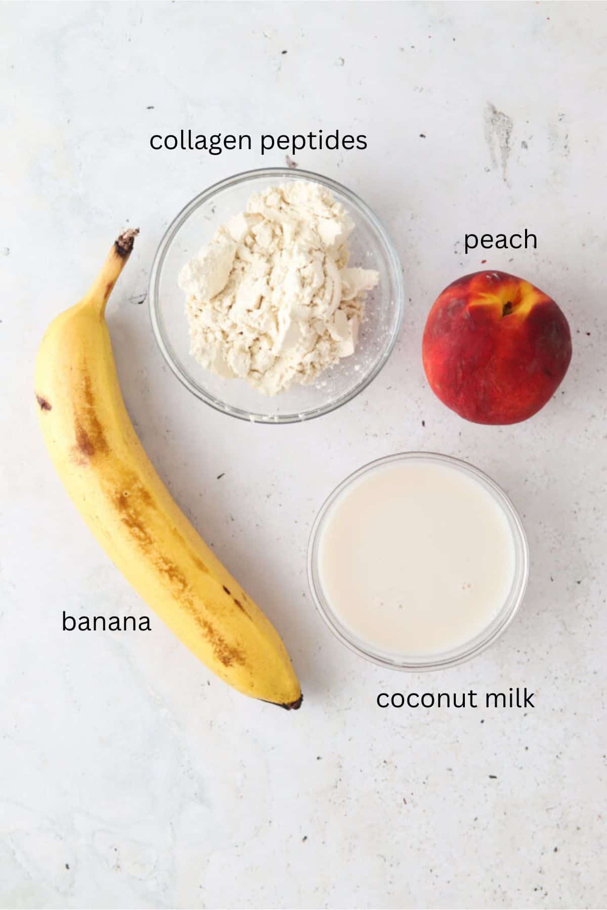 Banana peach smoothie ingredients in small glass bowls.