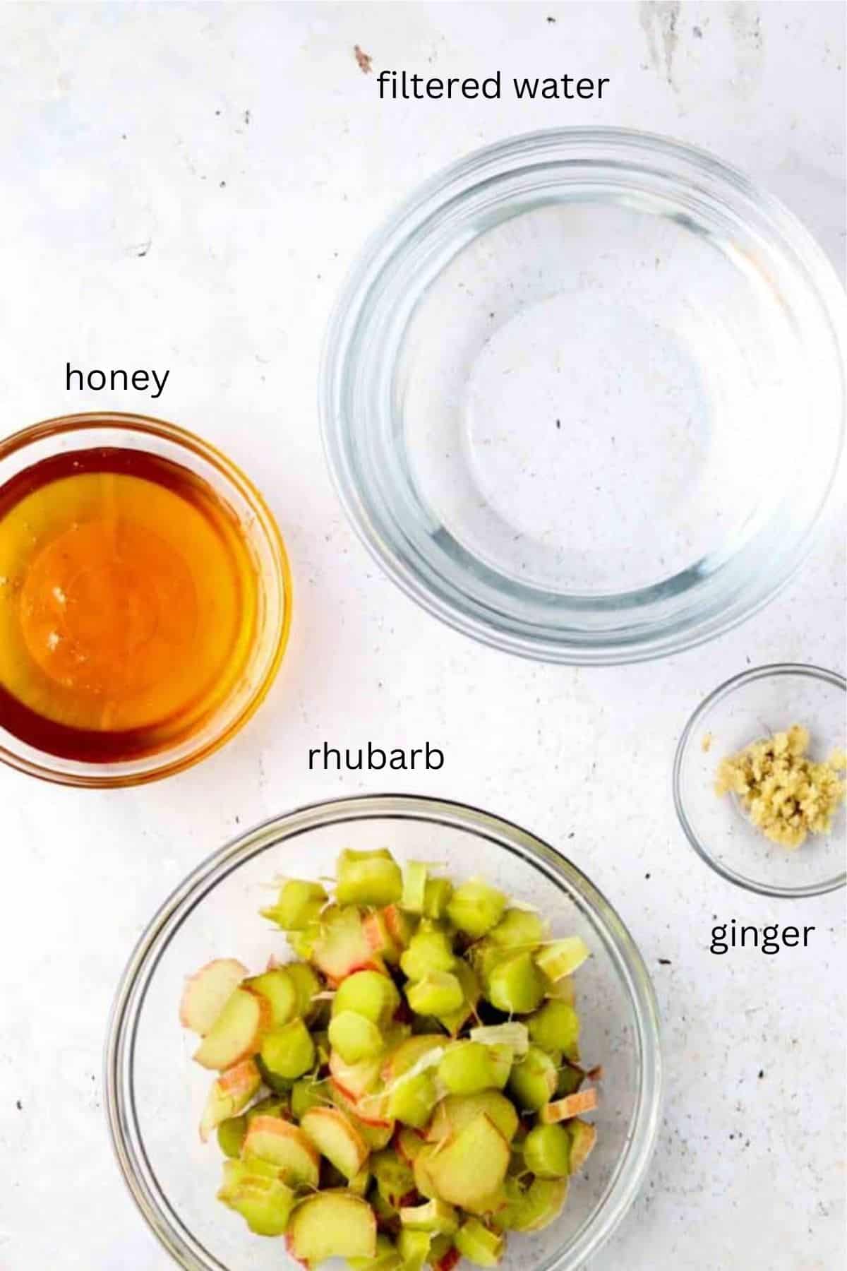 Rhubarb simple syrup ingredients in small glass bowls. 