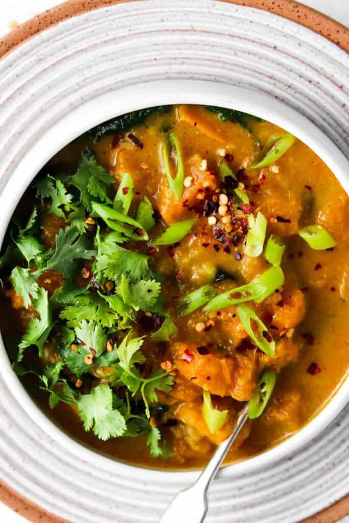 Butternut squash curry in a white bowl on a white platter with green onion and fresh green herb garnish.